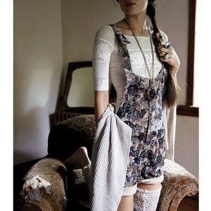 Free People Floral Velvet Short Overalls